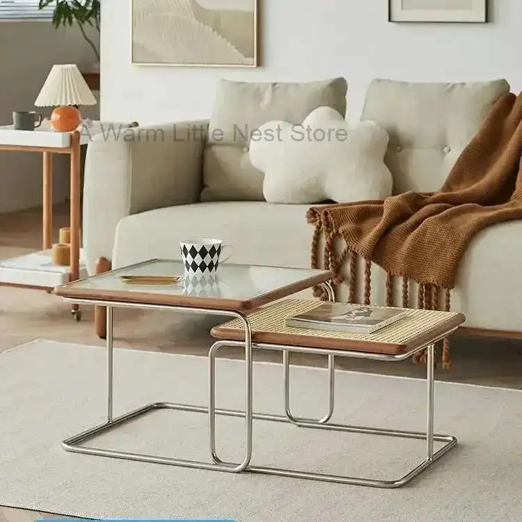 

Nordic Medieval Style Stainless Steel Solid Wood Glass Rattan Combination Coffee Table Size Combination Modern Minimalist Style