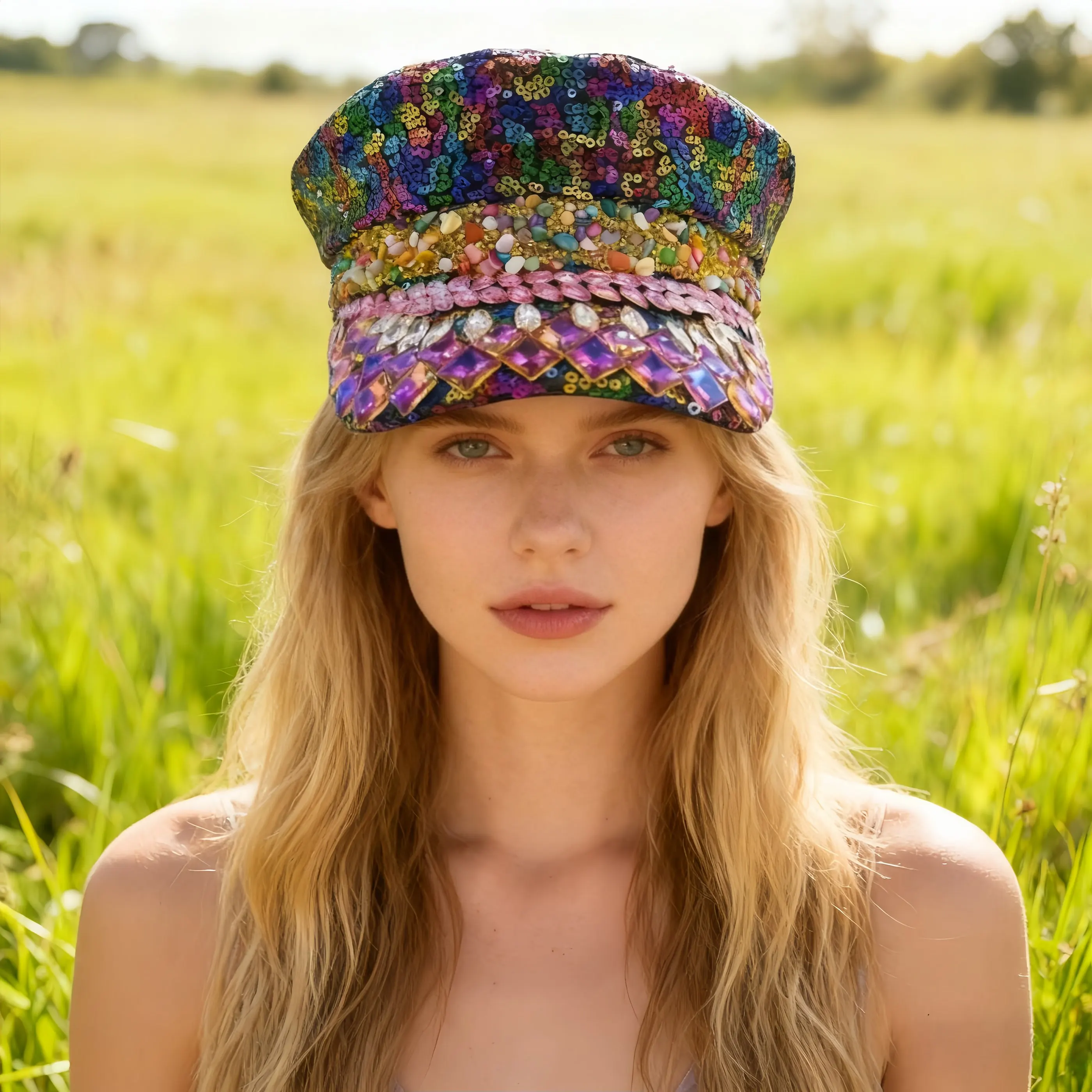 

HongLuan Disco Glitter Colourful Sequin Captain Hat Rhinestone for Music Festival Woman, Military Accessories & Military Cap Man