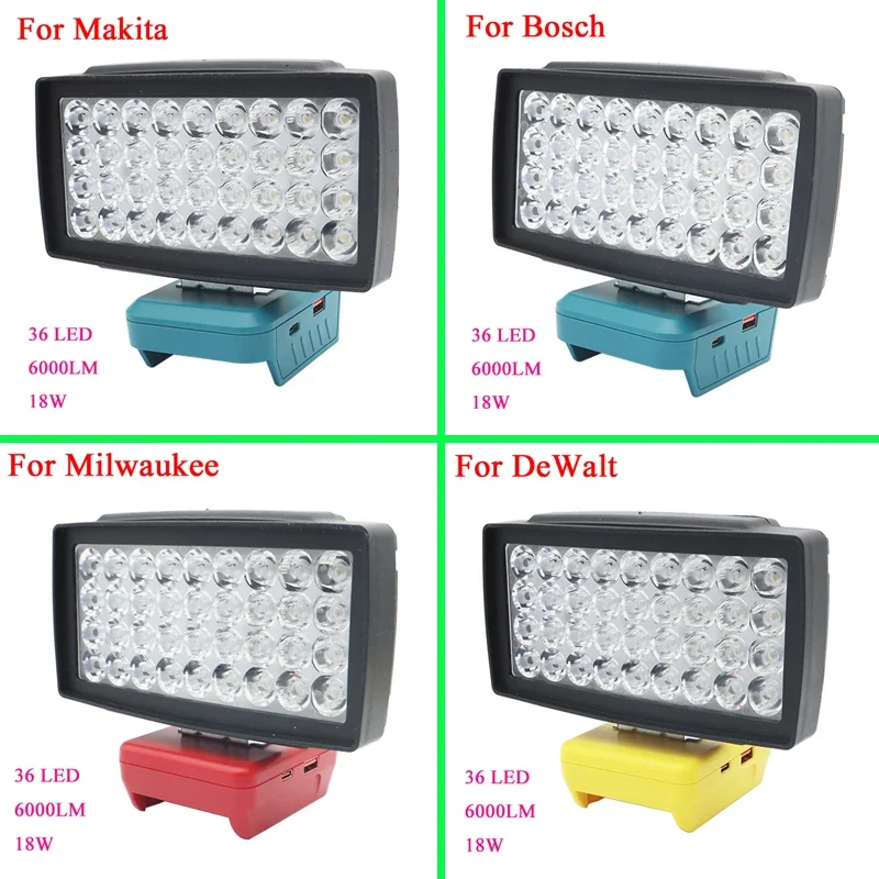 

36 LED Car Work Light Flashlight Torch USB Power Bank For Makita For DeWalt For Bosch For Milwaukee HongSong Li-ion Battery Lamp