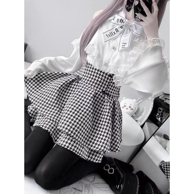 Japanese rhombic high-waisted double-decked fluffy skirt
