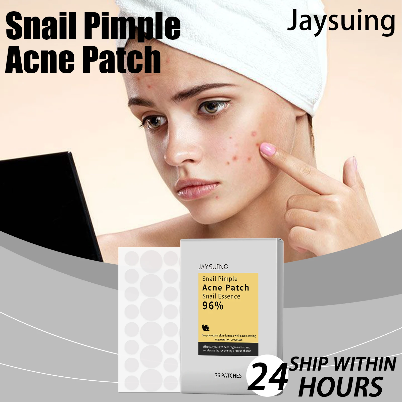

Jaysuing Snail Essence, гидроколлоидные пластыри от прыщей, уход, 36 шт., невидимое пятно, водостойкий пластырь от прыщей, восстановление кожи