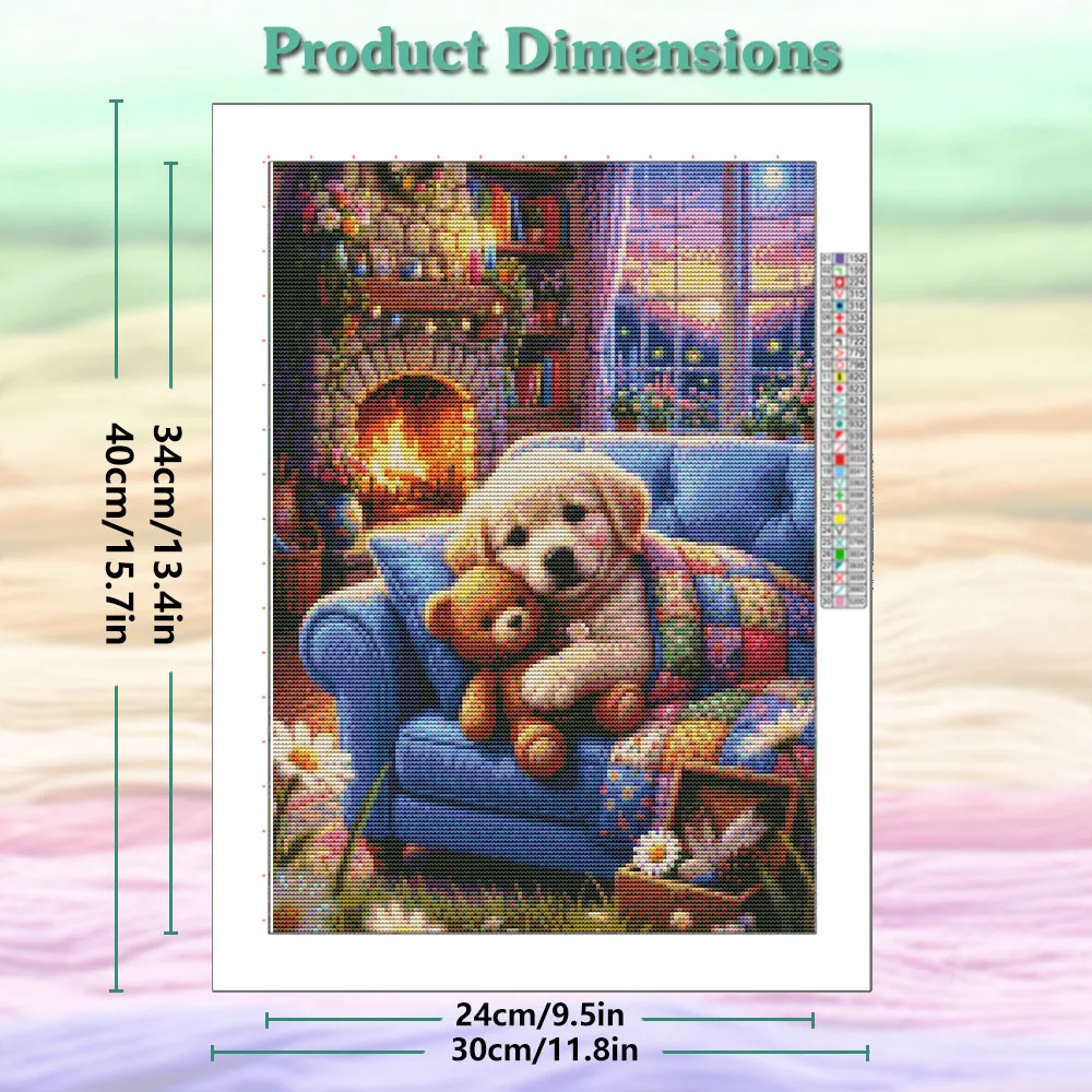 Huacan New Cross Stitch Golden Retriever By The Fireplace Animal 11ct Needlework Full Embroidery Printed Canvas Handmade Gift
