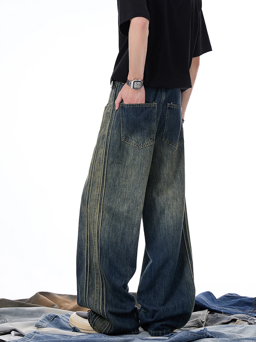 Американские джинсы в стиле ретро, мужские летние тонкие модные широкие брюки, молодежные модные джинсы свободного покроя прямого кроя