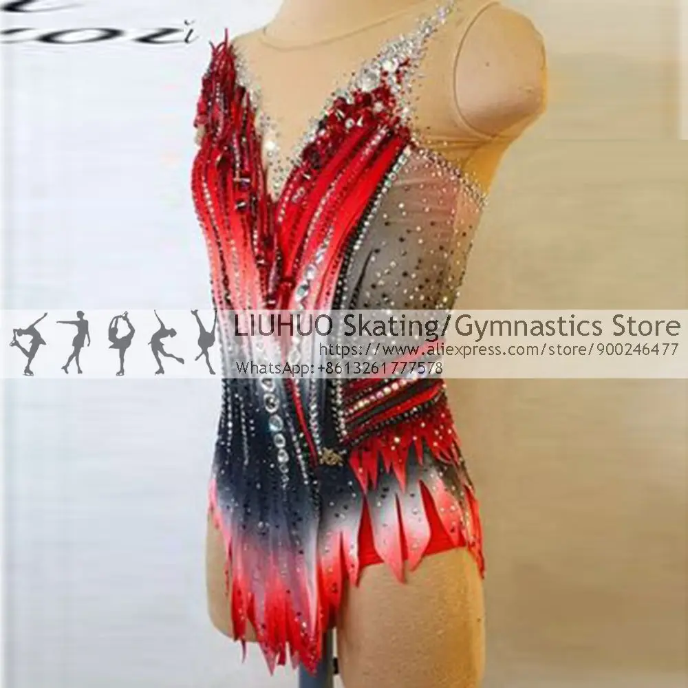 Rhythmic Gymnastics Leotards Red Gradient Striped Diamond Sleeveless Girls Competition Performance