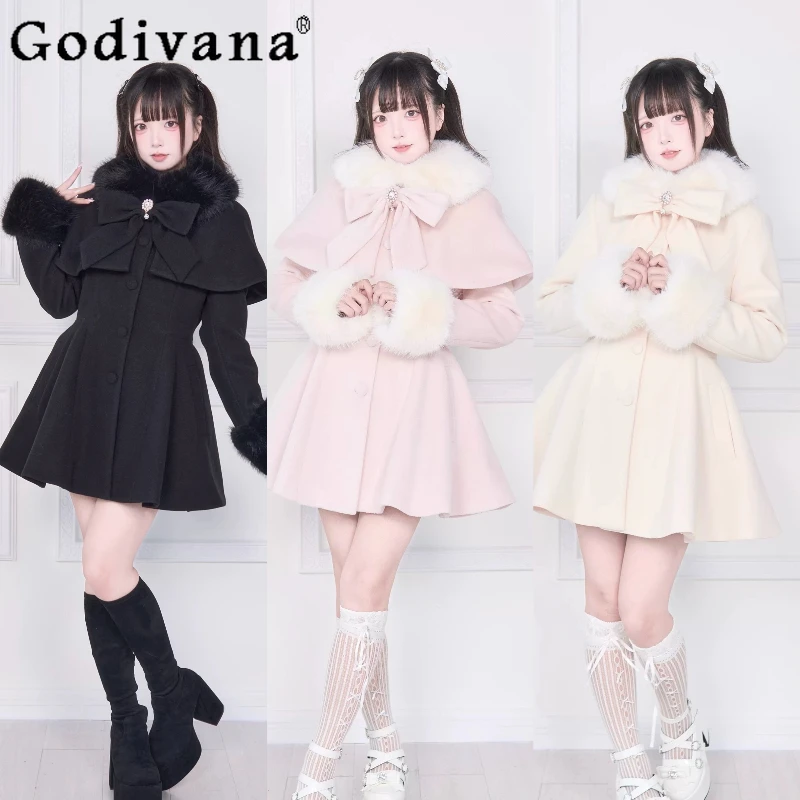 

Japanese Sweet Lolita Girls Woolen Coat Autumn Winter Women's Japanese Mine Mass-Produced Slim Fit Elegant Long Jacket Overcoats