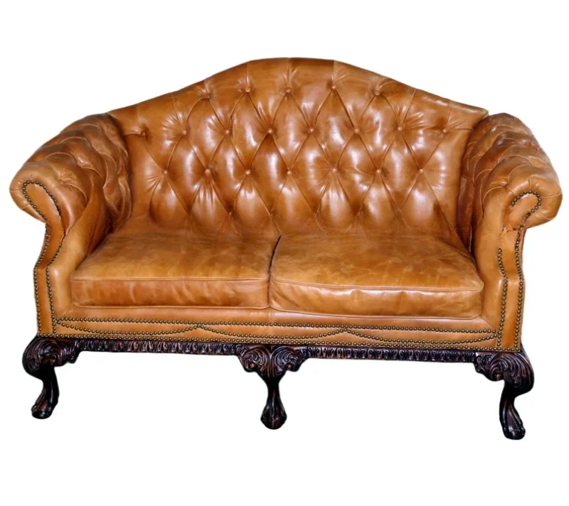 

Antique first-layer cowhide sofa solid wood carving flower base 2-person leather sofa