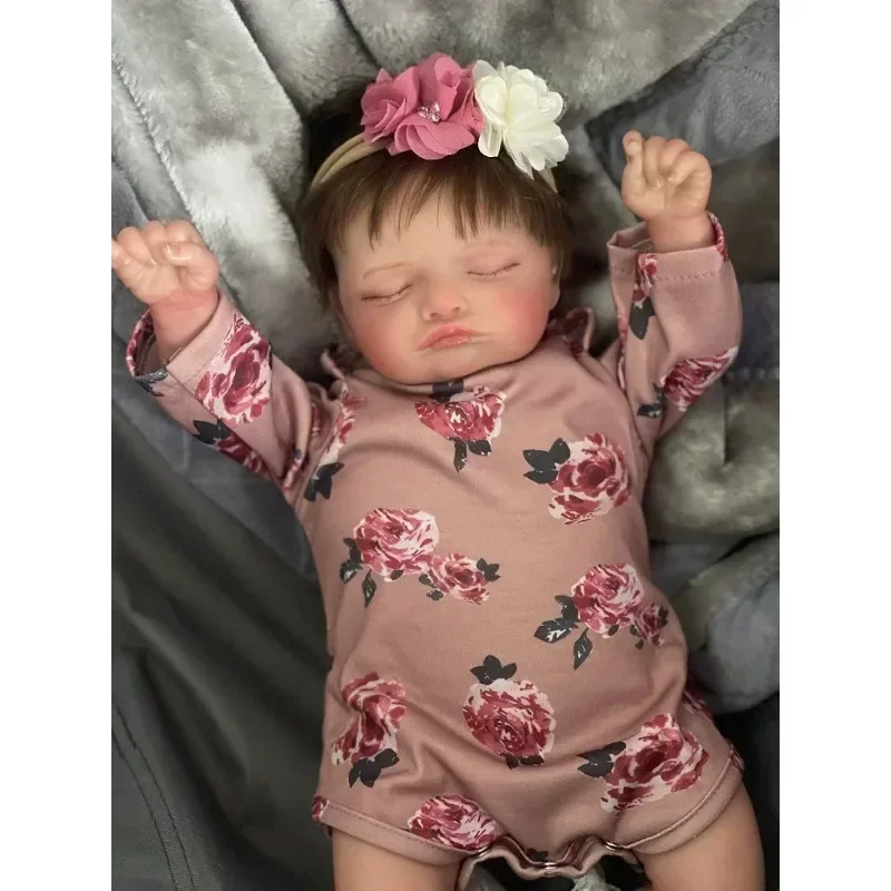 45CM herboren slapende babypop meisje Rosalie met bruin haar handgemaakte levensechte echt uitziende babypoppen 3D geschilderde huidskleur