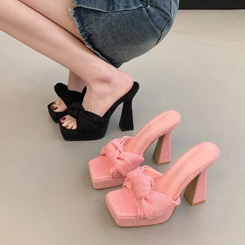 

2025 High Quality Fashion Bow-Knot Thick Sole Slides Women New Style Square Toe High Heel Slippers Female Summer Slip on Sandals
