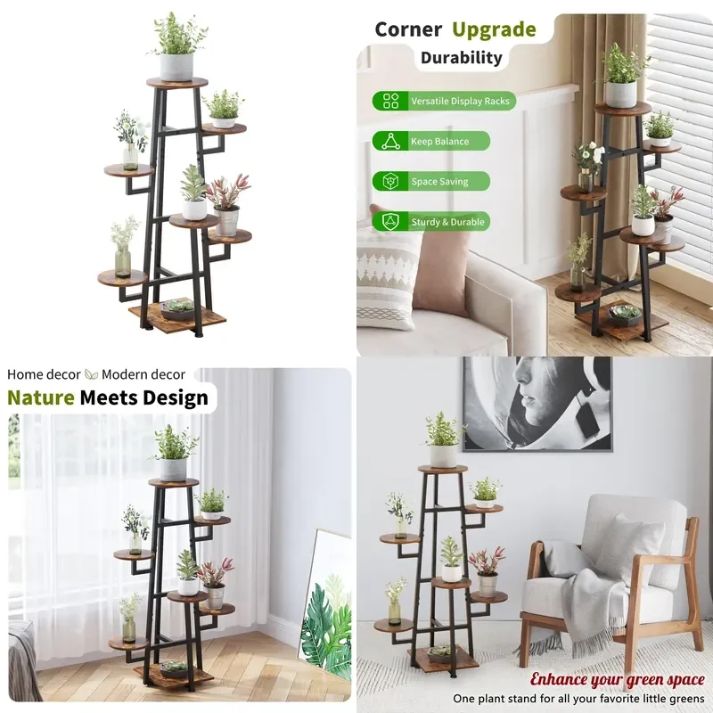 7 Tier Indoor Plant Stand Corner Flower Rack Retro Multi Level Shelf for Living Room Home Decor