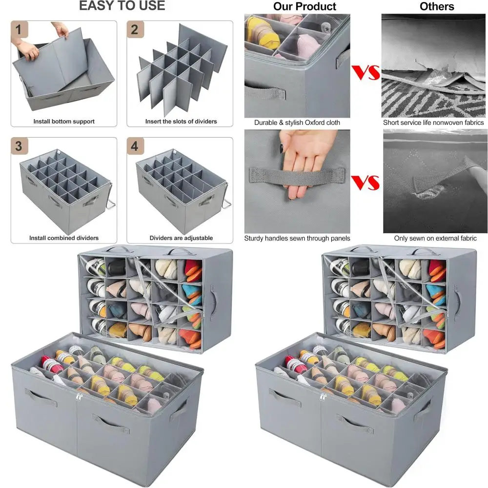 

Набор из 2 складных коробок для обуви с регулируемыми разделителями, прозрачными крышками и усиленными ручками для экономии места при хранении, вмещает 40 пар