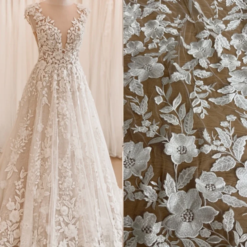 Flora New Style Off-White Embroidery Tulle Mesh French Wedding Dress Lace Fabric One Yard