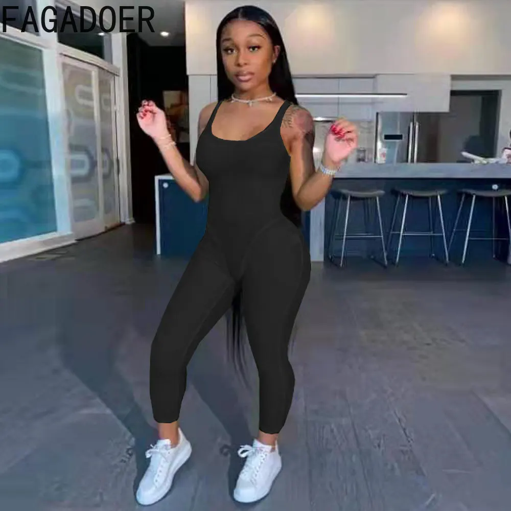 FAGADOER Sexy Bodycon Thin Strap Jumpsuits Women Solid Sleeveless Skinny Pants Playsuits Casual Sport Fitness Rompers Clothing