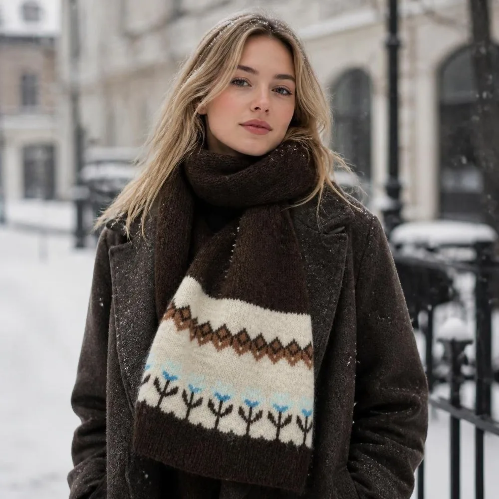 Retro Floral Embellishment Jacquard Knit Scarf Warm Neck Protection Woolen Scarf Winter Scarf Autumn Winter