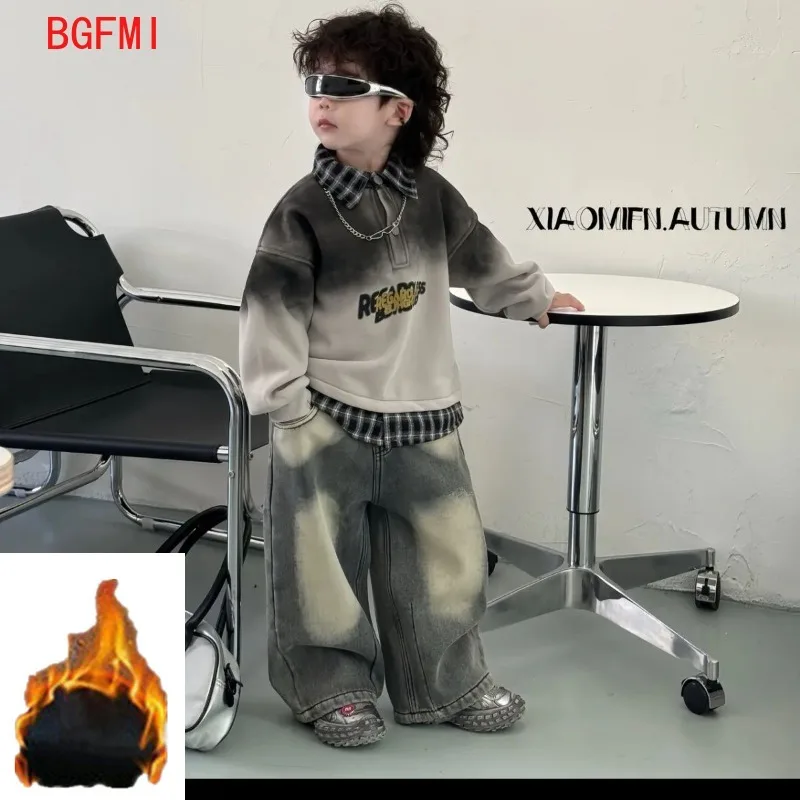2-11Y Boys Fashion Velvet Sweater Winter Clothes Baby Handsome Boy Thick Polo Shirt+Denim Fabric Velvet Long Pants Two Piece Set