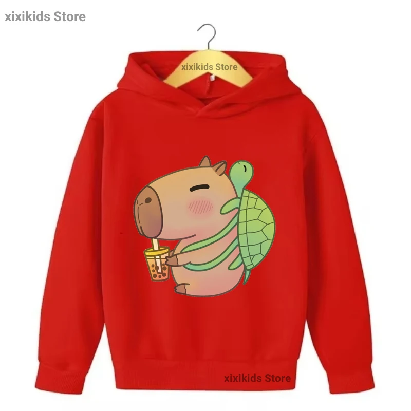 Cute Capybara Loves Juice Printed Cap Hoodies Girls/Boys Kawaii Kids Clothes Spring/Autumn/ Winter Plus Velvet Sweastshirt Tops