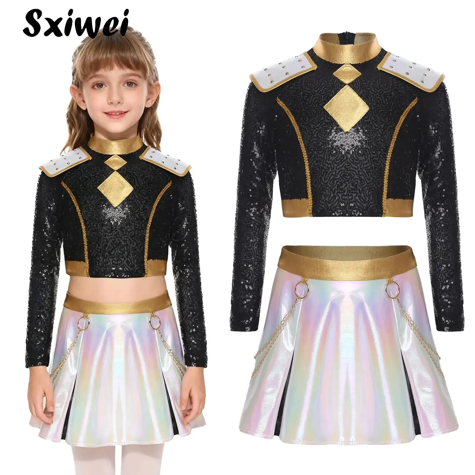 

Kids Girls Hunter Singer Anime Cosplay Outfit Halloween Roleplay Long Sleeve Sequins Crop Top+Waist Chain Skirt Hiphop Dance Set