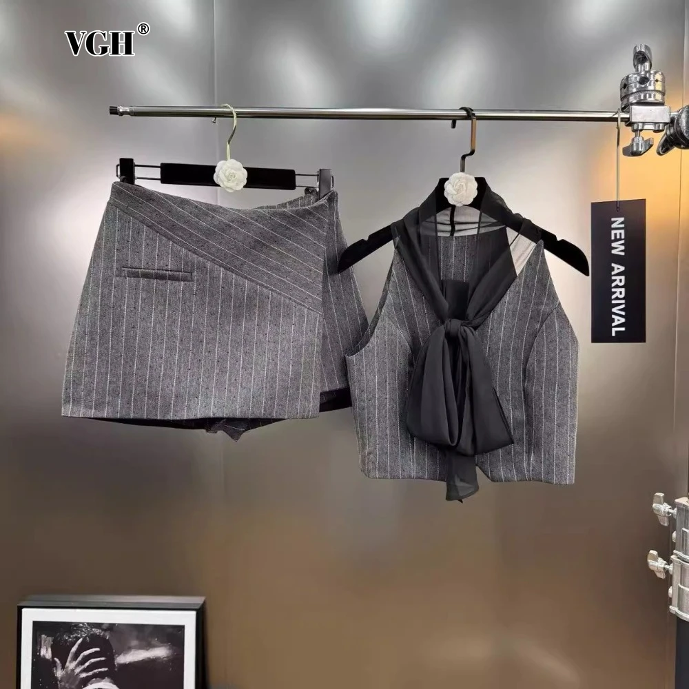 

VGH Striped Print Two Piece Set for Women Scarf Collar Sleeveless Patchwork Button Vest High Wasit Mini Skirt Office Suit Female
