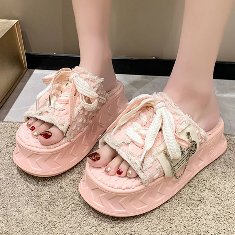 Summer Women Weave Slippers Platform Shoes Fashion Design Mules Flip Flops Candy Color Sandals Flat Casual Shoe For Female 35-40