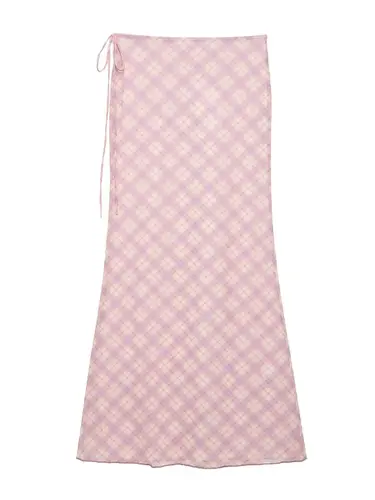 Falda Midi ajustada de hilo de malla con perspectiva y estampado a cuadros para Mujer, Faldas informales con cordones para Mujer QUN9150