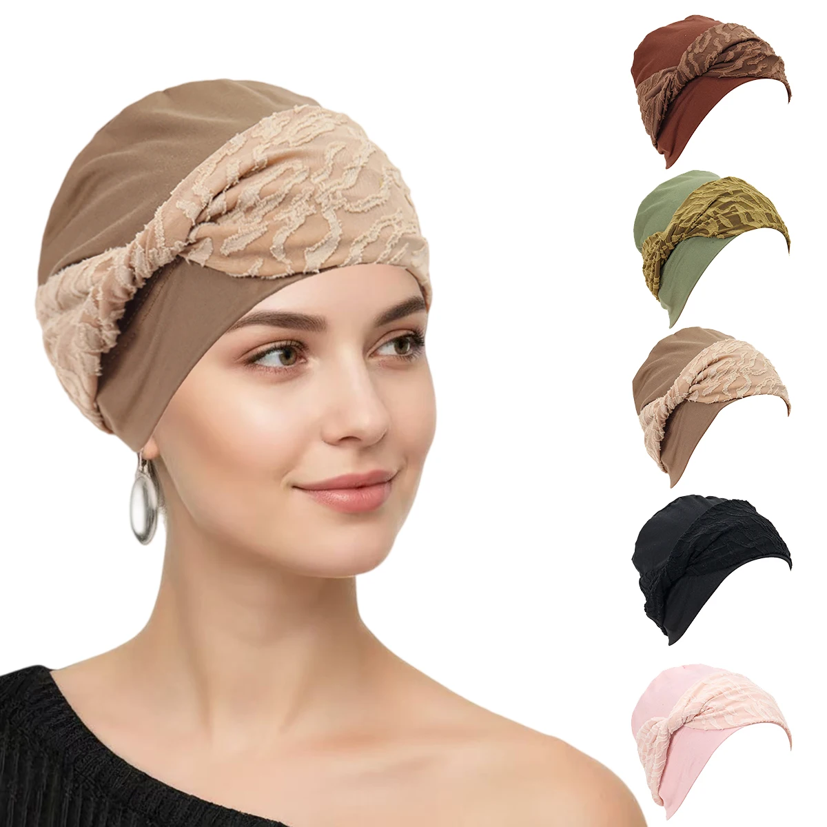 

2026 New Lace Knot Headscarf Cap Solid Color Hair Bands Cap Muslim Turban Hat Hijab Islamic Headscarf Women's Hijabs