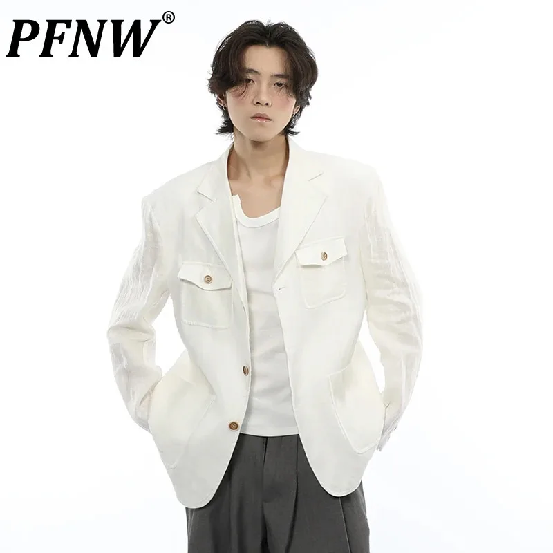 PFNW Multi Pocket Textured Cotton Linen Blazer Male Korean Lapel Long Sleeve Loose Lazy Style Coats 2024 Autumn Chic New 28W4058