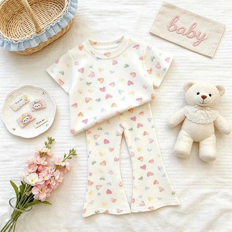 2026 Summer New Kids Short Sleeve T-Shirt Set Cute Baby Girls Loungewear Fashion Bell Bottom Pants 2 Piece Outfit for Children