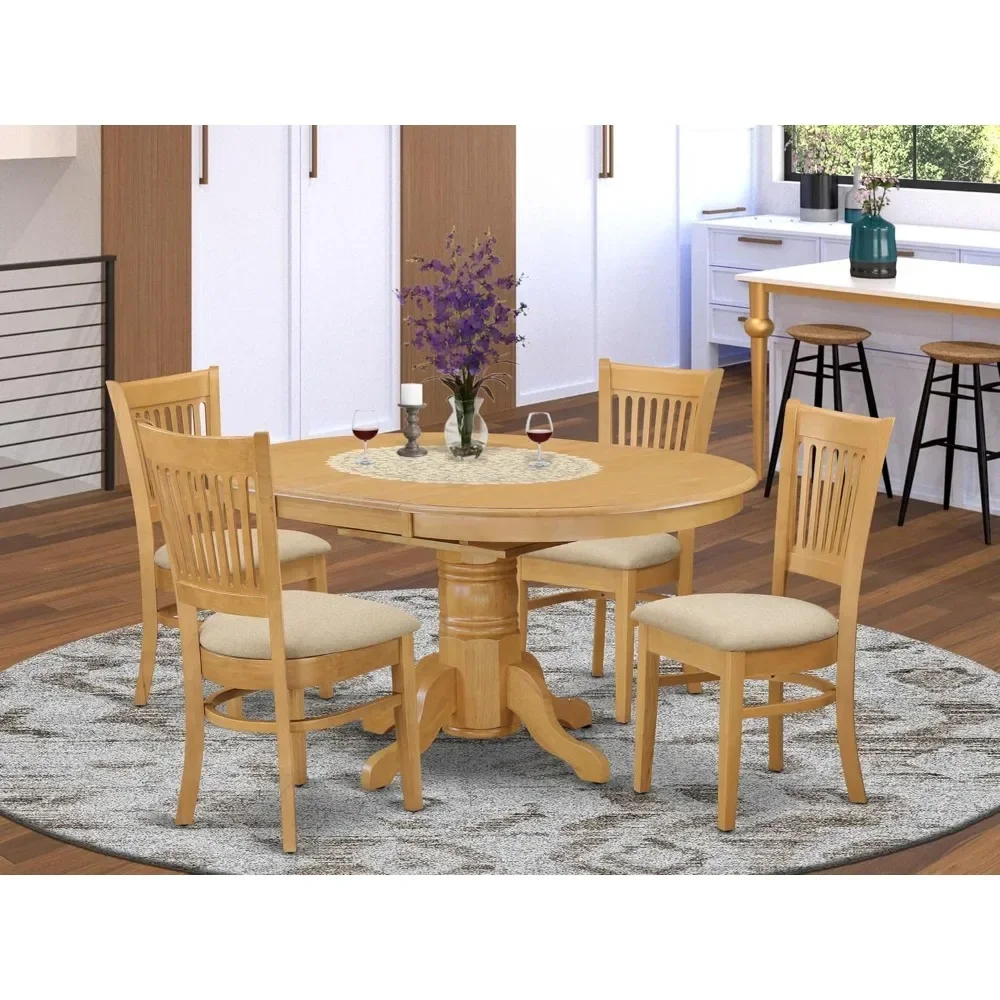 5 Piece Dining Table Set Includes An Oval Table with Butterfly Leaf and 4 Linen Fabric Kitchen Dinings Chairs, Dining Room Sets