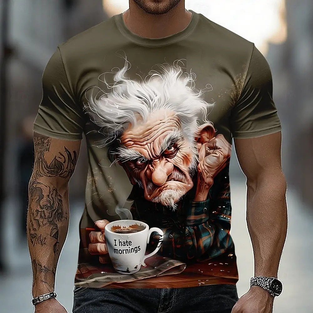 Men's Spring Summer 3D Printed Crew Neck T-Shirt, Grumpy Old Man I Hate Mornings Coffee Cup Print Casual Daily Tee