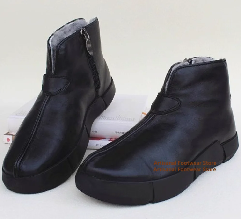 Botas altas para hombre de cuero negro con cremallera lateral de piel de oveja botas cálidas antideslizantes integradas hechas a mano de cuero genuino para hombre