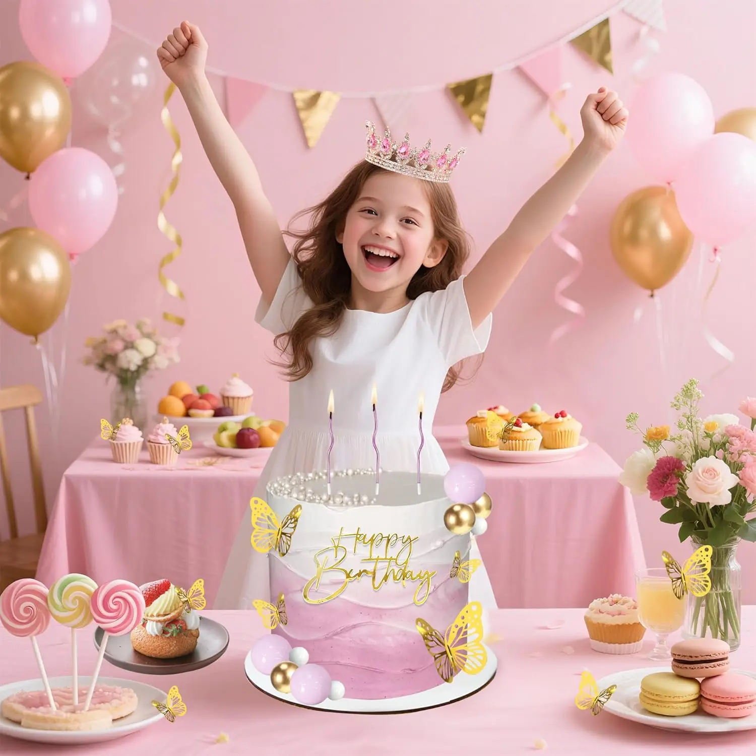 Kronen-Kuchenaufsatz, Kugeln, alles Gute zum Geburtstag, Kuchenaufsätze mit Kerzen, goldene Schmetterlinge, Kuchendekorationen für Hochzeit, Babyparty, Party – Detail 6