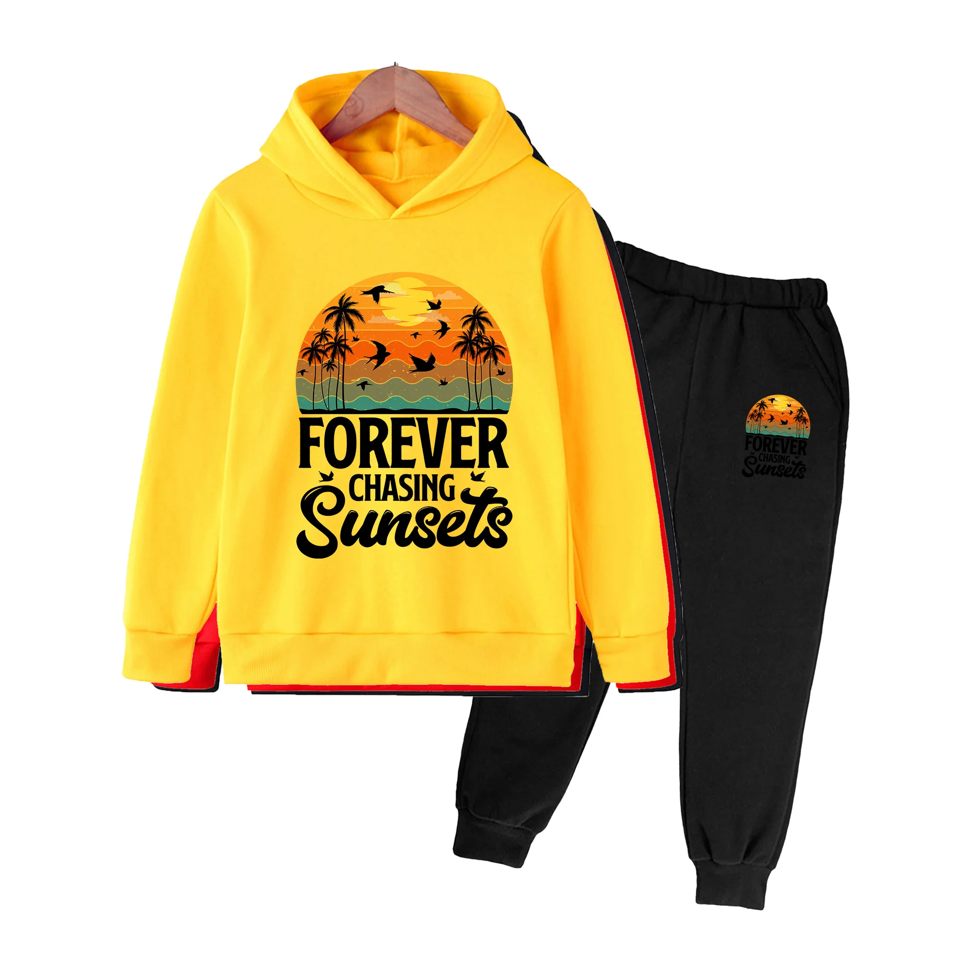 Kids Hoodie & Sweatpants Set, FOREVER CHASING SUNSETS Tropical Print, Casual Beach Outdoor Outfit for Boys Girls