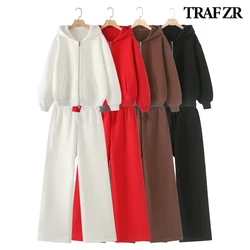 TRAF ZR 2024 Autumn Basic 2 Piece Sets Women Plush Oversize Zipper Hooded Sweatshirt Straight Leg Pants Ensemble Femme 2 Pieces