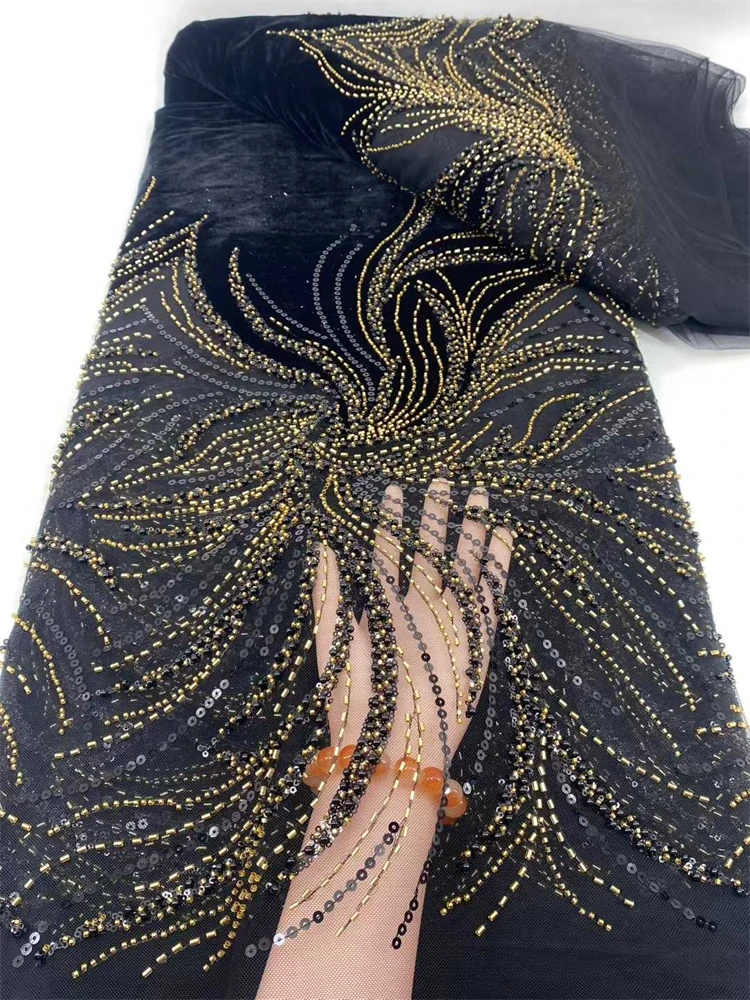 

African Beads Lace Fabric 2025 Beaded Lace Fabric France Sequins Nigerian Embroidery Bridal Mesh Lace Fabric For Women Sewing
