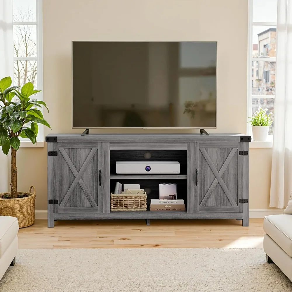 

TV Stand with Two Barn Doors and Storage Cabinets for Televisions bedroom, Media Furniture for Living Room, TV Stands