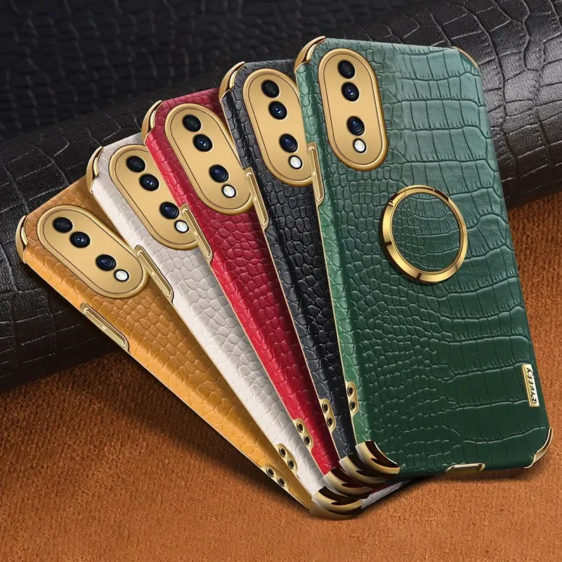 

Plating Crocodile Texture Phone Case for Honor 90 60 70 Pro Plus X50 X30 X40i Magic6 5 Lite Pro 4G 5G Magnetic Finger Ring Cover