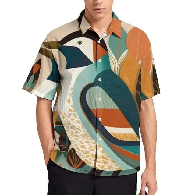 Camisa de praia casual de manga curta masculina, estampa pinguim fofa, blusa de lapela havaiana, moda plus size, novo estilo