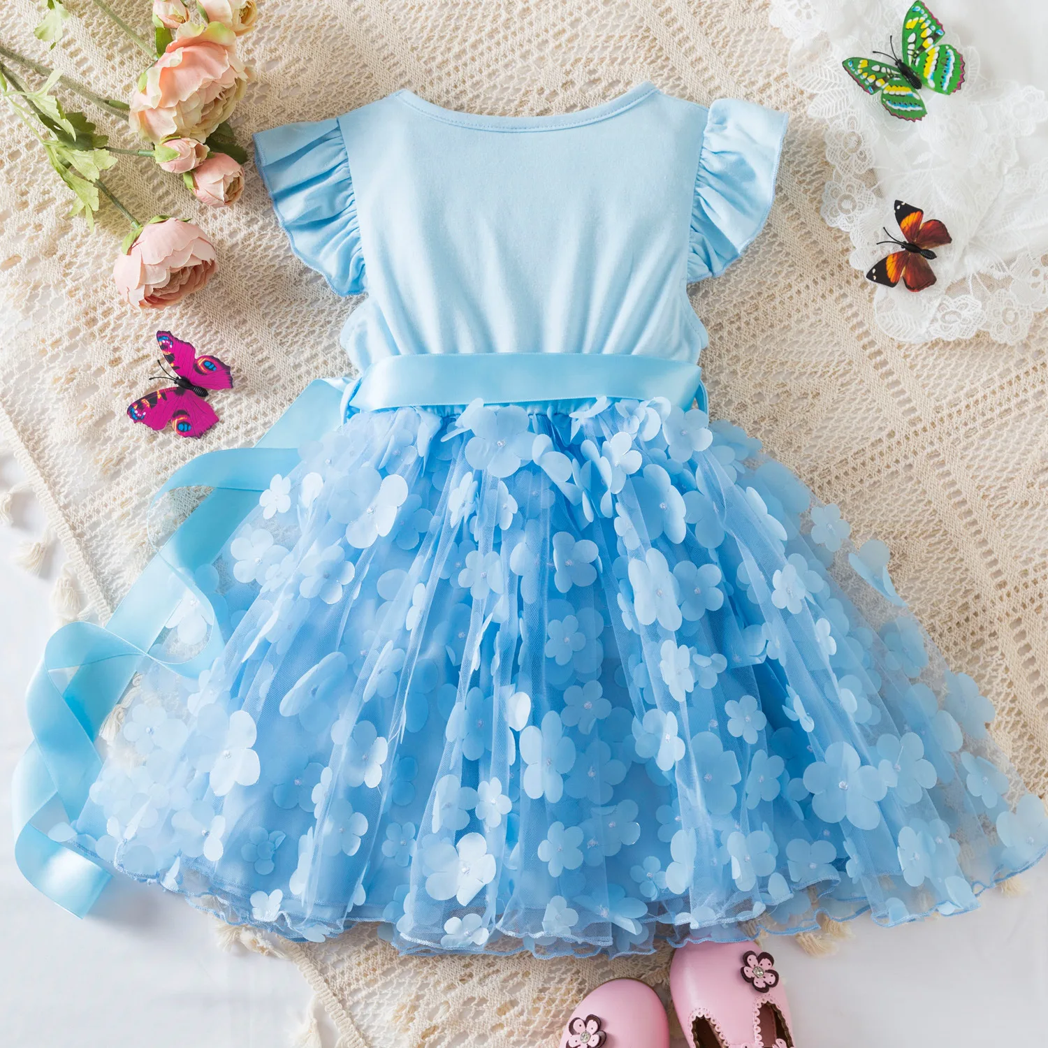 AmyStylish Toddler 1-6 Years Toddler Little Girls Flutter Sleeves 3D Flower Girls Summer Dress