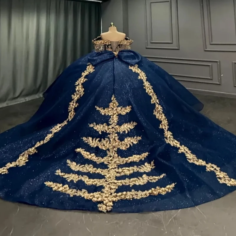 Navy Blue Shiny Ball Gown Quinceanera Dresses Gold Applique Flower Beading Crystal Bow Tiered Tull Corset Off The Shoulder Sweet