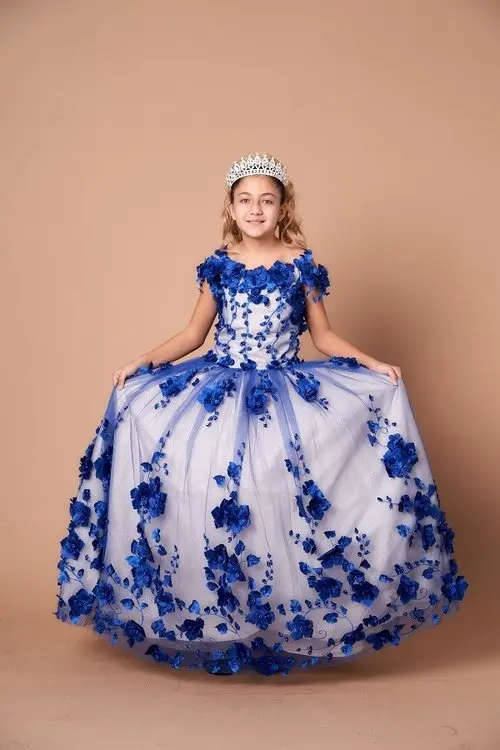 Gaun Mini Quinceanera biru gaun gadis bunga kain Tule bahu Offf A-line untuk kontes pernikahan gaun bayi