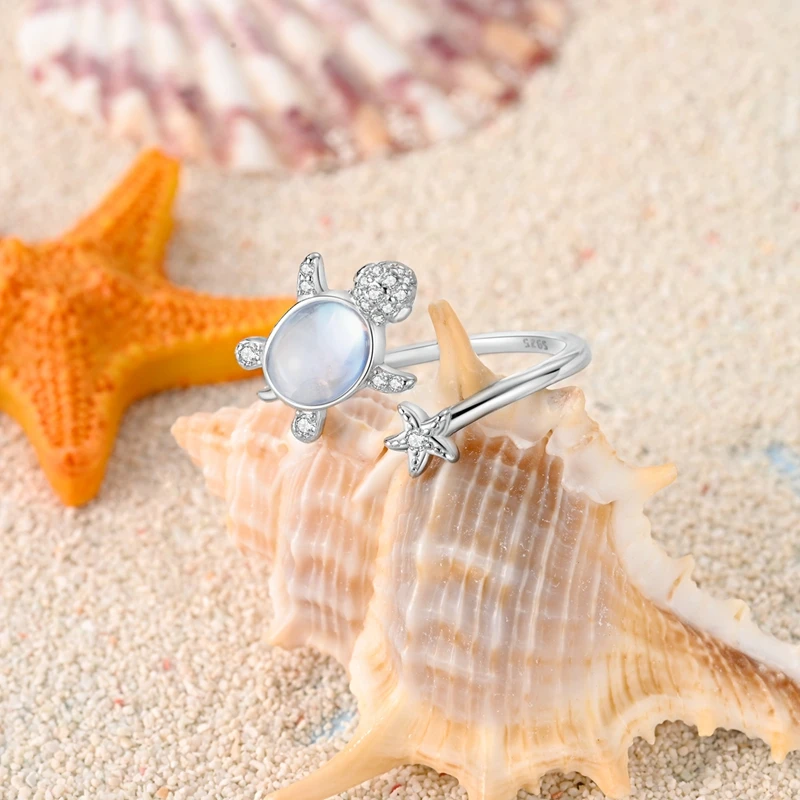 925 Sterling Silver Turtle Starfish&Claw Print Heart&Double layered Curved Winding Open Ring