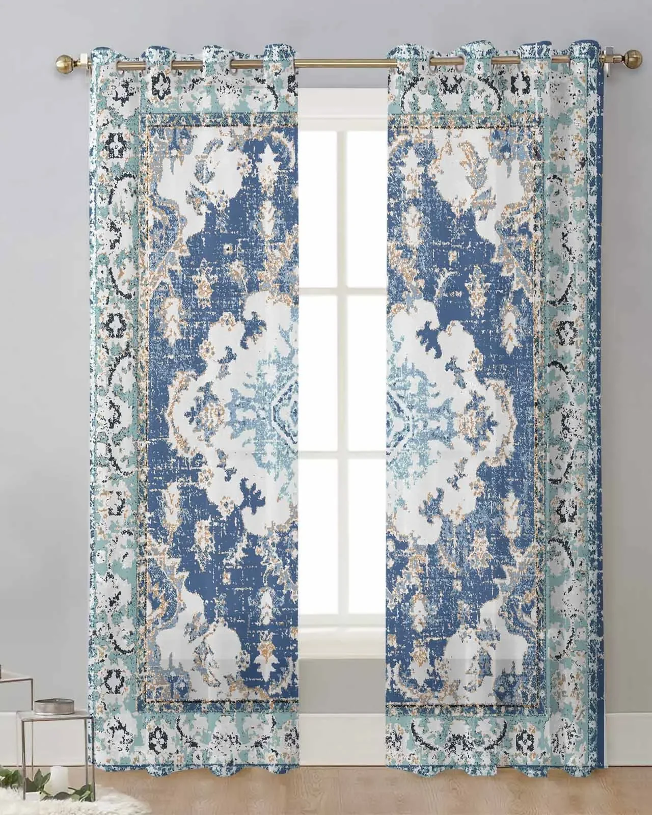 

Kitchen Curtain Geometric Ethnic Oriental Retro Carpet Texture Blue Window Curtains for Living Room Home Interior Curtains Rooms