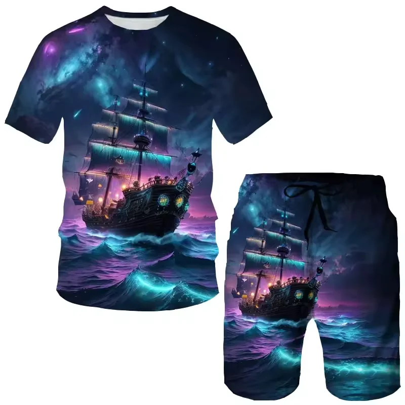 Summer Pirate ship 3D Printing T-Shirts Shorts Sets Men's Tracksuits Short Sleeve T-Shirt Pants Set Man Suits Clothing Oversized