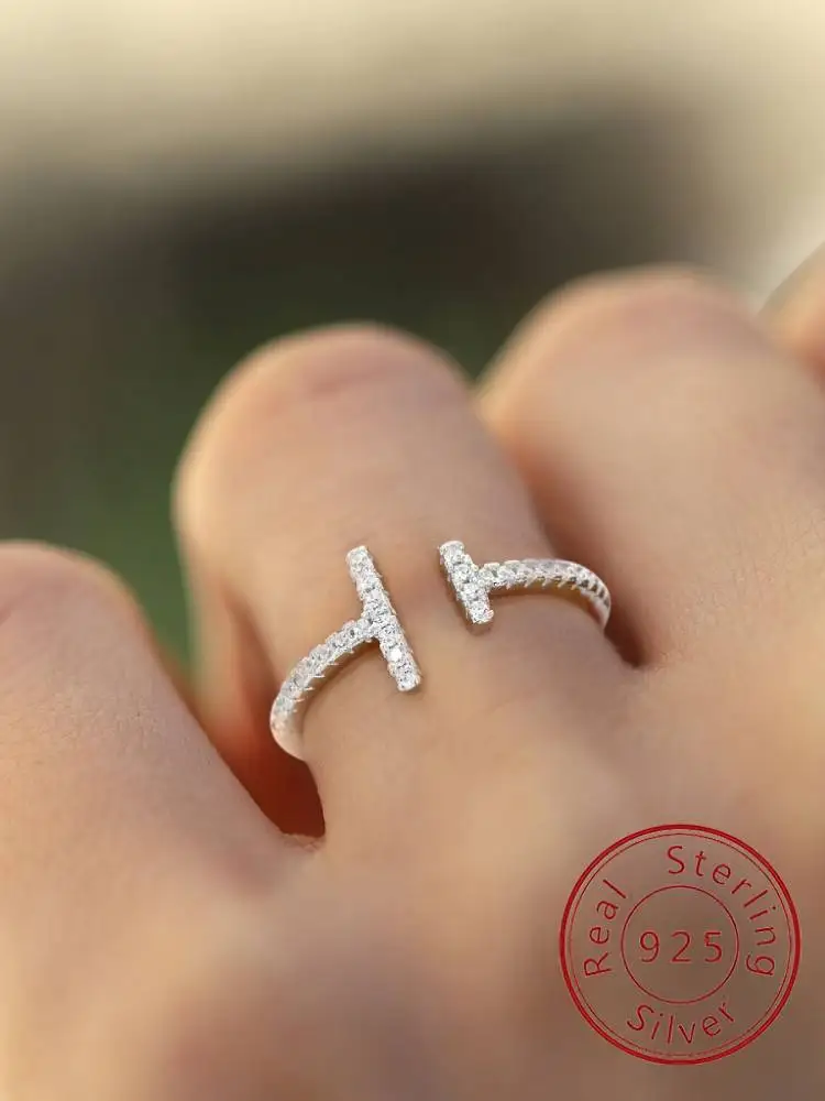 

925 Sterling Silver Adjustable Simple Shiny Parallel Length Zircon Ring For Women Engagement Luxury High Quality Fine Jewelry