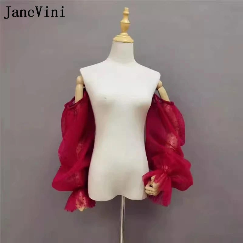 

JaneVini Elegant Burgundy Dots Puff Sleeve Detachable Bridal Sleeves Tulle Mesh Bolero Sleeves Women Dress Wraps Wedding Capes