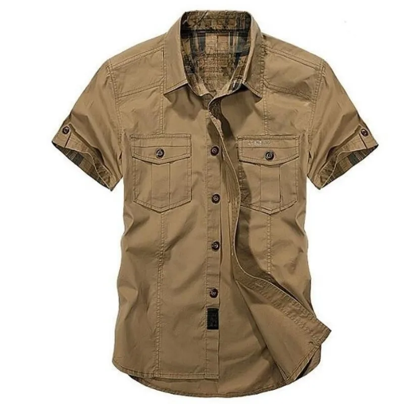 Men New Summer Men\'s Solid Military Short Sleeves Shirts Cotton Breathable Chemise Homme Loose Army Shirt Male Tops