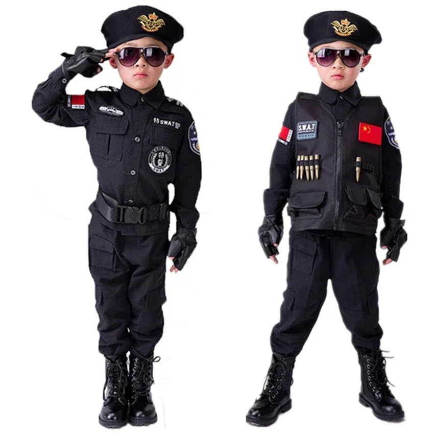 

Politieagenten Kostuums Jongens Speciaal Politie-Uniform Kinderdaggeschenk Leger Lange Mouw Jas HandschoenenCosplay