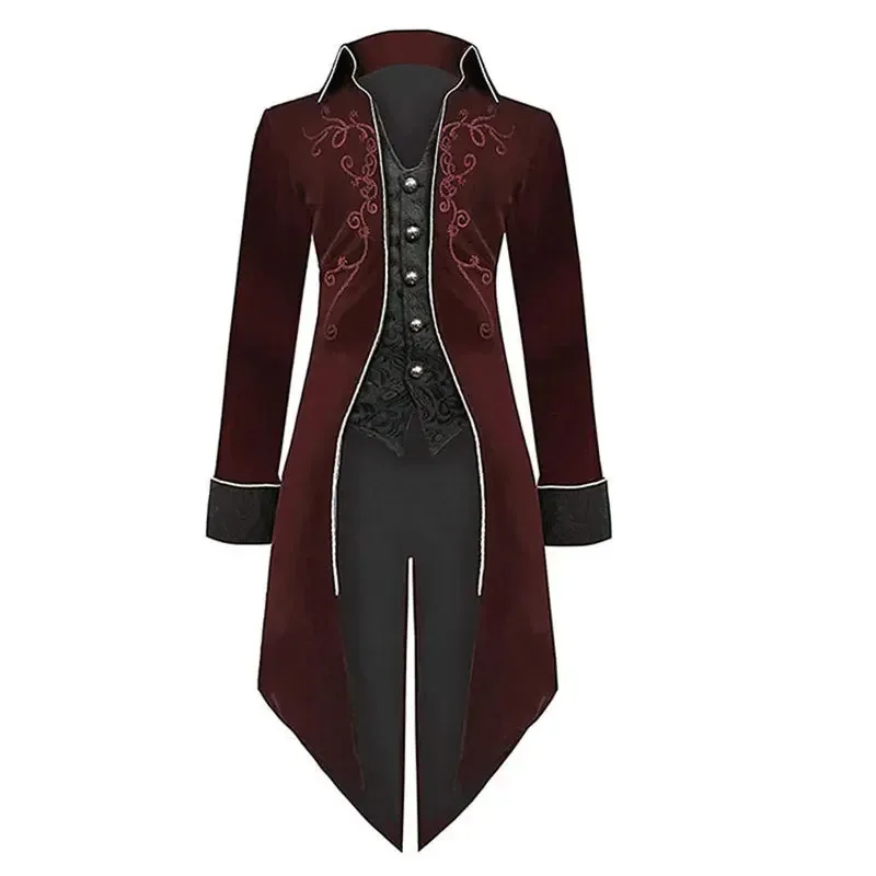Men Medieval Costume Victorian Black Red Retro Patchwork Jacket Steampunk Trench Tuxedo Tailcoat Jacket Coat Gothic Overcoat