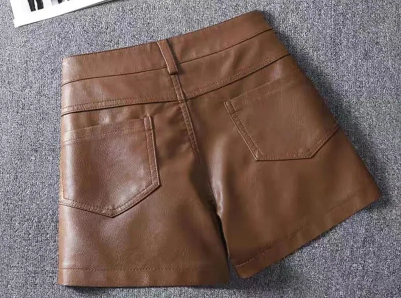 New Leather Shirt Shorts for Women Autumn Winter High Waisted Brown Back Biker Shorts Streetwear Booty Shorts with Pockets