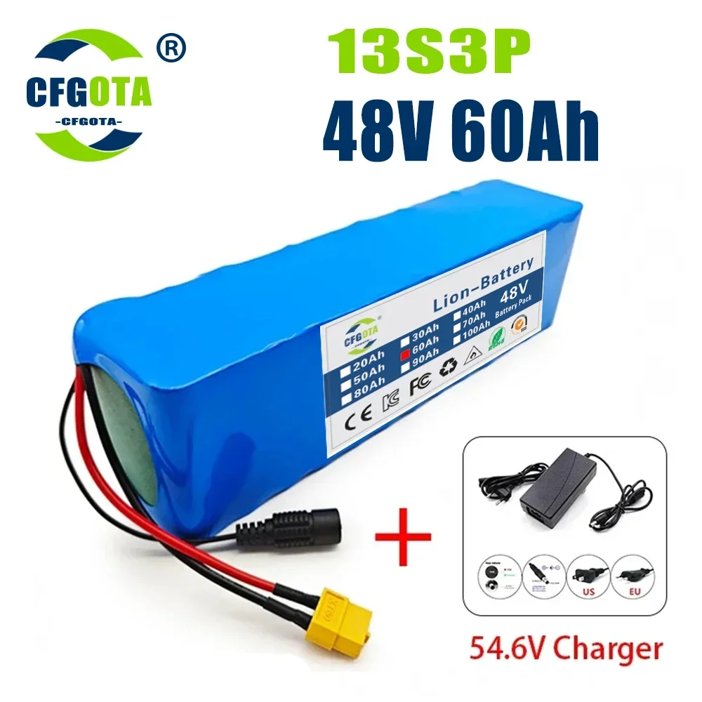 

48V Lithium Ion Battery Pack 60Ah 13S3P Rechargeable Batteries For 54.6v With BMS+Charger