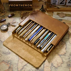 Fromthenon Vintage Crazy Horse Cowhide Pencil Bag Pen Box Magnetic Drawer Type Student Pen Storage Box Stationery Supplies